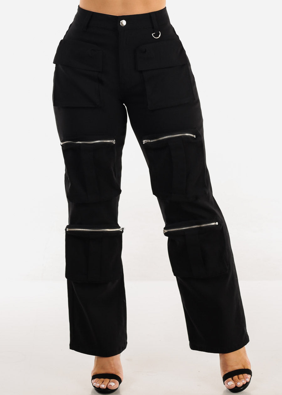 Hyper Stretch Straight Wide Leg Cargo Pants Black