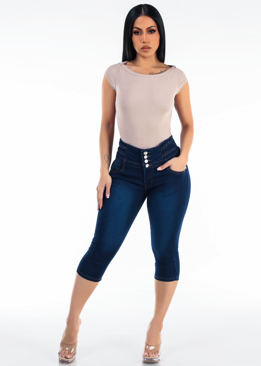 Butt Lift High Waisted Stretch Denim Capris Dark Blue