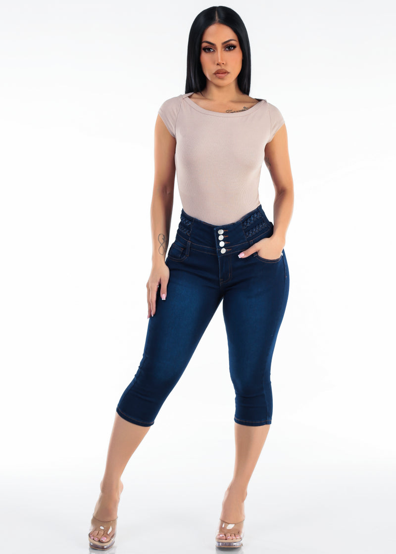 Butt Lift High Waisted Stretch Denim Capris Dark Blue