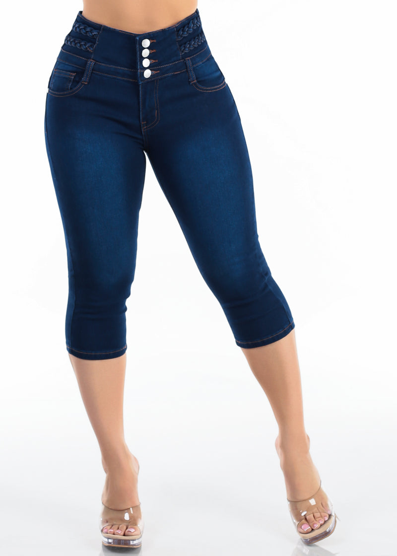 Butt Lift High Waisted Stretch Denim Capris Dark Blue