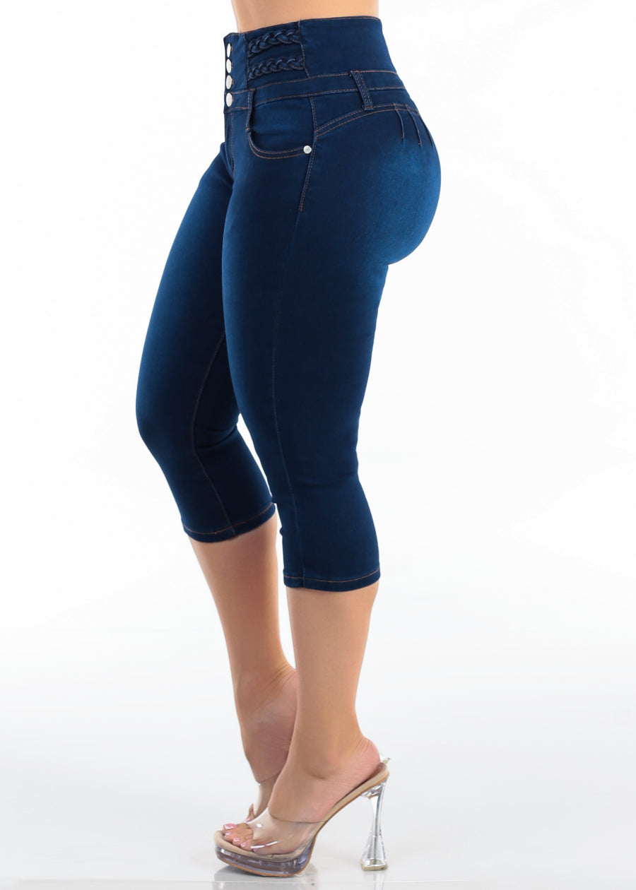 Butt Lift High Waisted Stretch Denim Capris Dark Blue