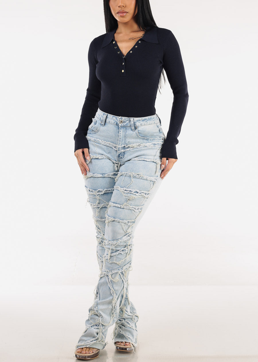 High Waist Distressed Stacked Leg Jeans Acid Wash