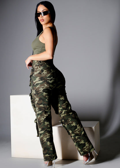 Hyper Stretch Straight Wide Leg Cargo Pants Camo