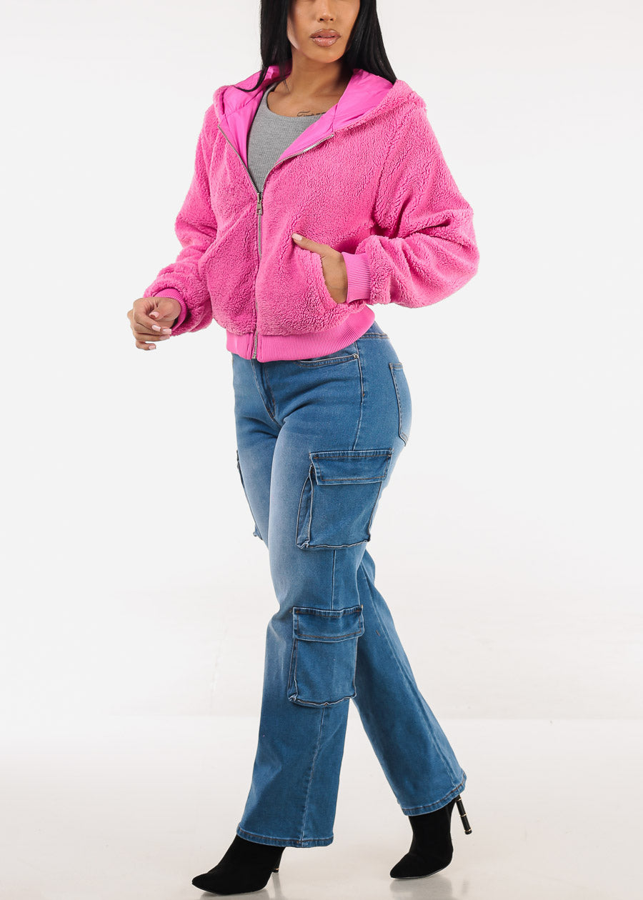 High Waisted Stretch Cargo Jeans Med Wash