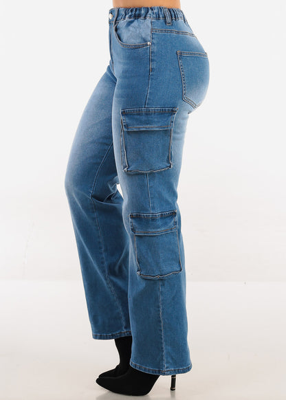 High Waisted Stretch Cargo Jeans Med Wash
