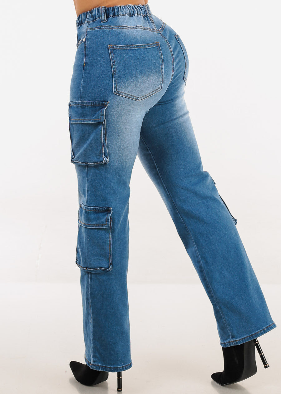 High Waisted Stretch Cargo Jeans Med Wash