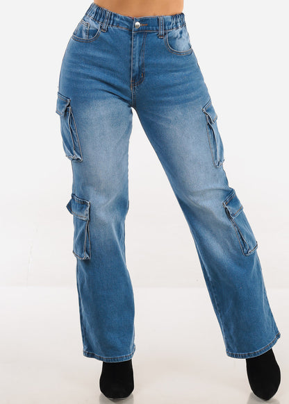 High Waisted Stretch Cargo Jeans Med Wash