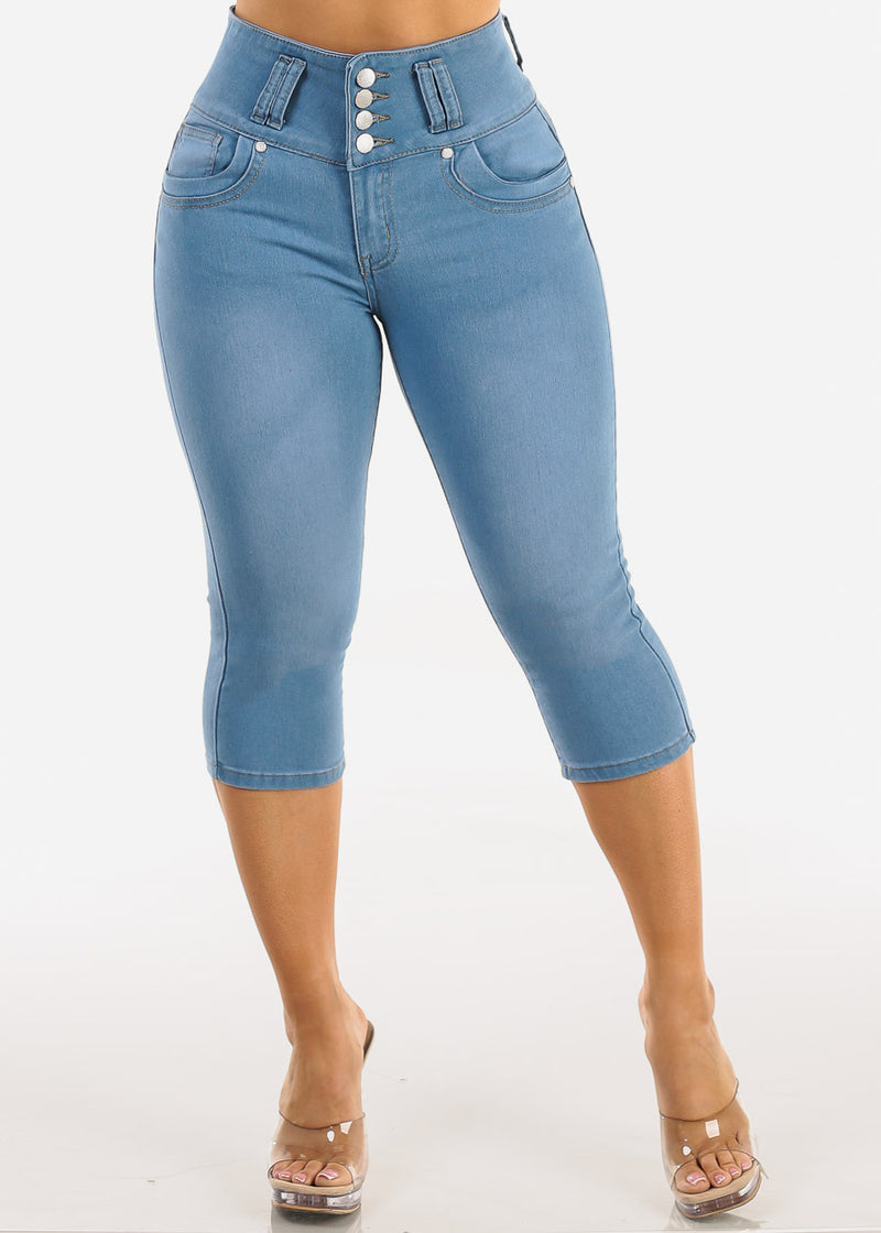 Butt Lift High Waisted Stretch Denim Capris Light Wash w Back Pocket Design