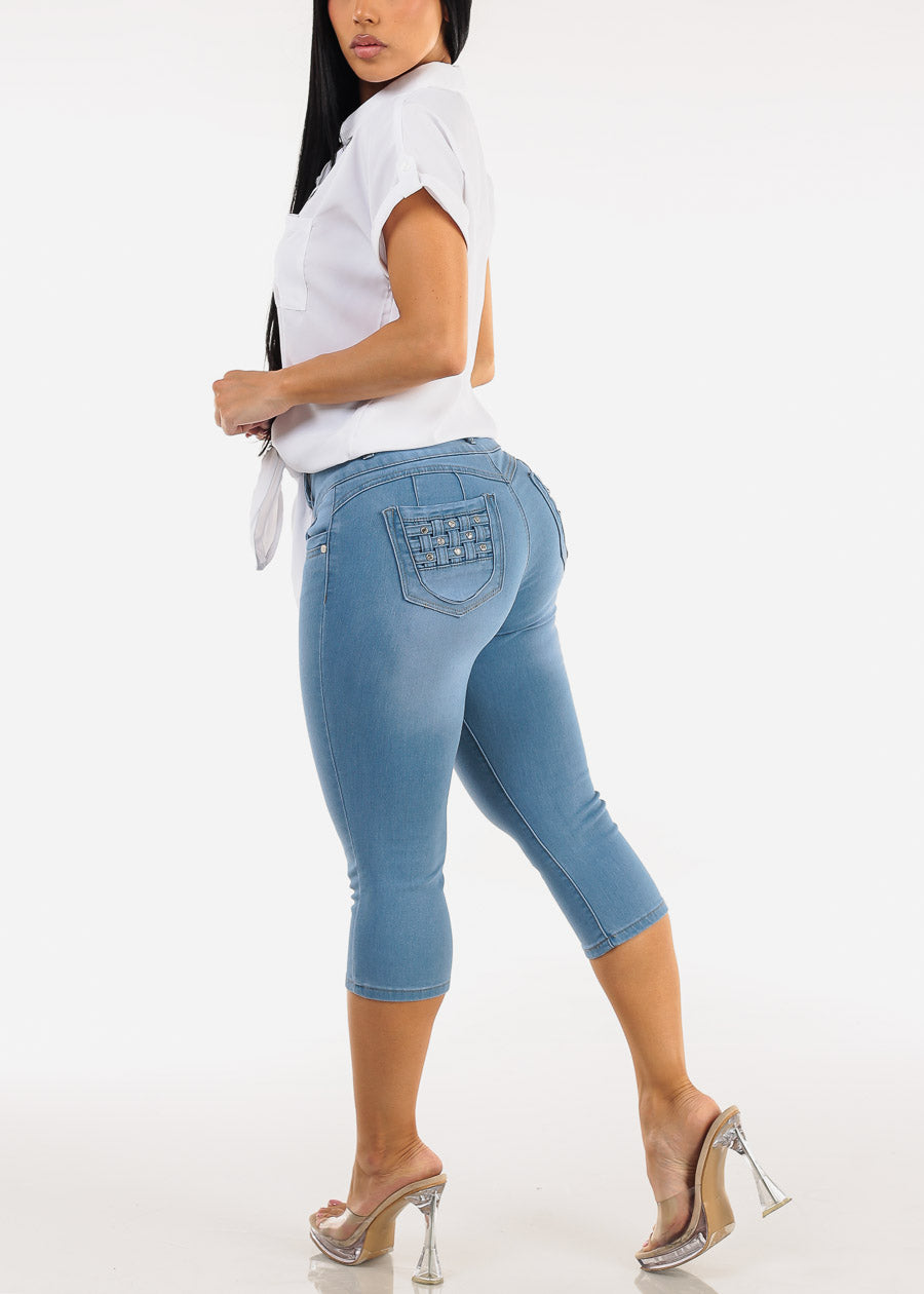 Butt Lift High Waisted Stretch Denim Capris Light Wash w Back Pocket Design