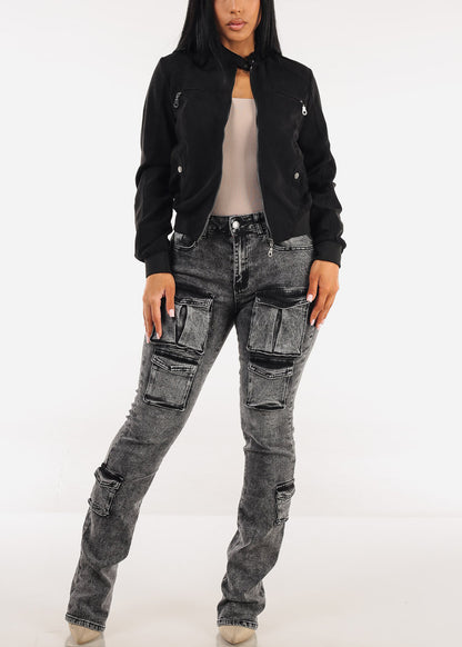 Stretchy High Waist Stacked Leg Cargo Jeans Black Acid Wash