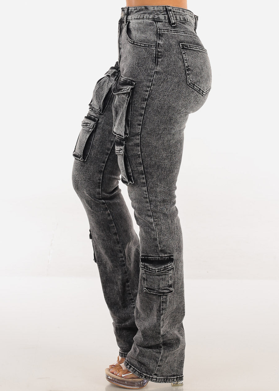 Stretchy High Waist Stacked Leg Cargo Jeans Black Acid Wash