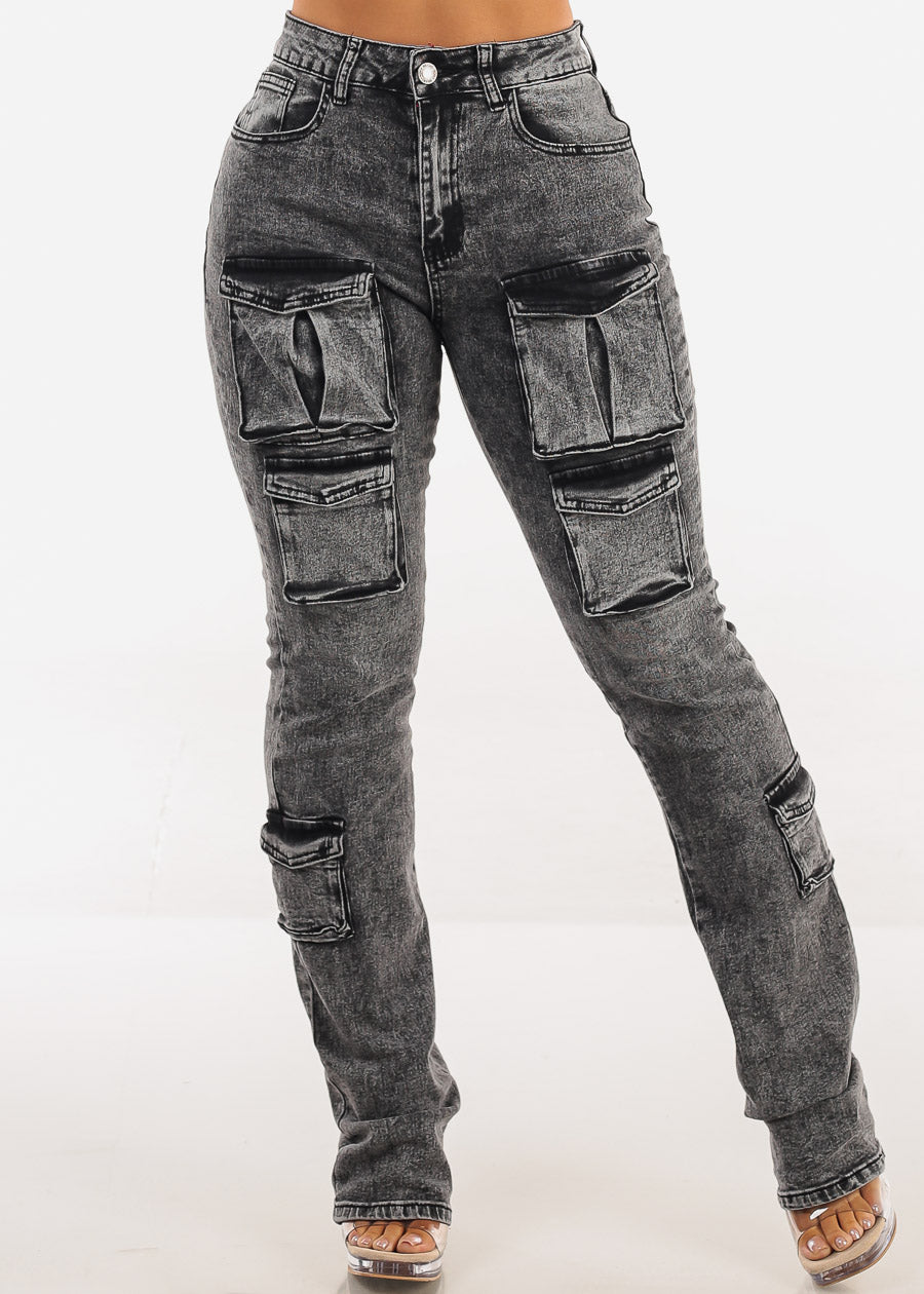 Stretchy High Waist Stacked Leg Cargo Jeans Black Acid Wash