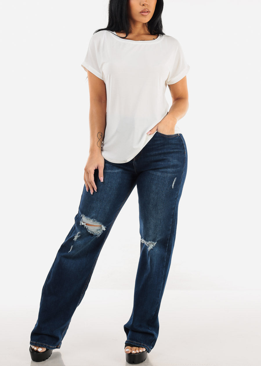 Ripped Butt Lift Wide Leg Straight Stretch Jeans Dark Blue