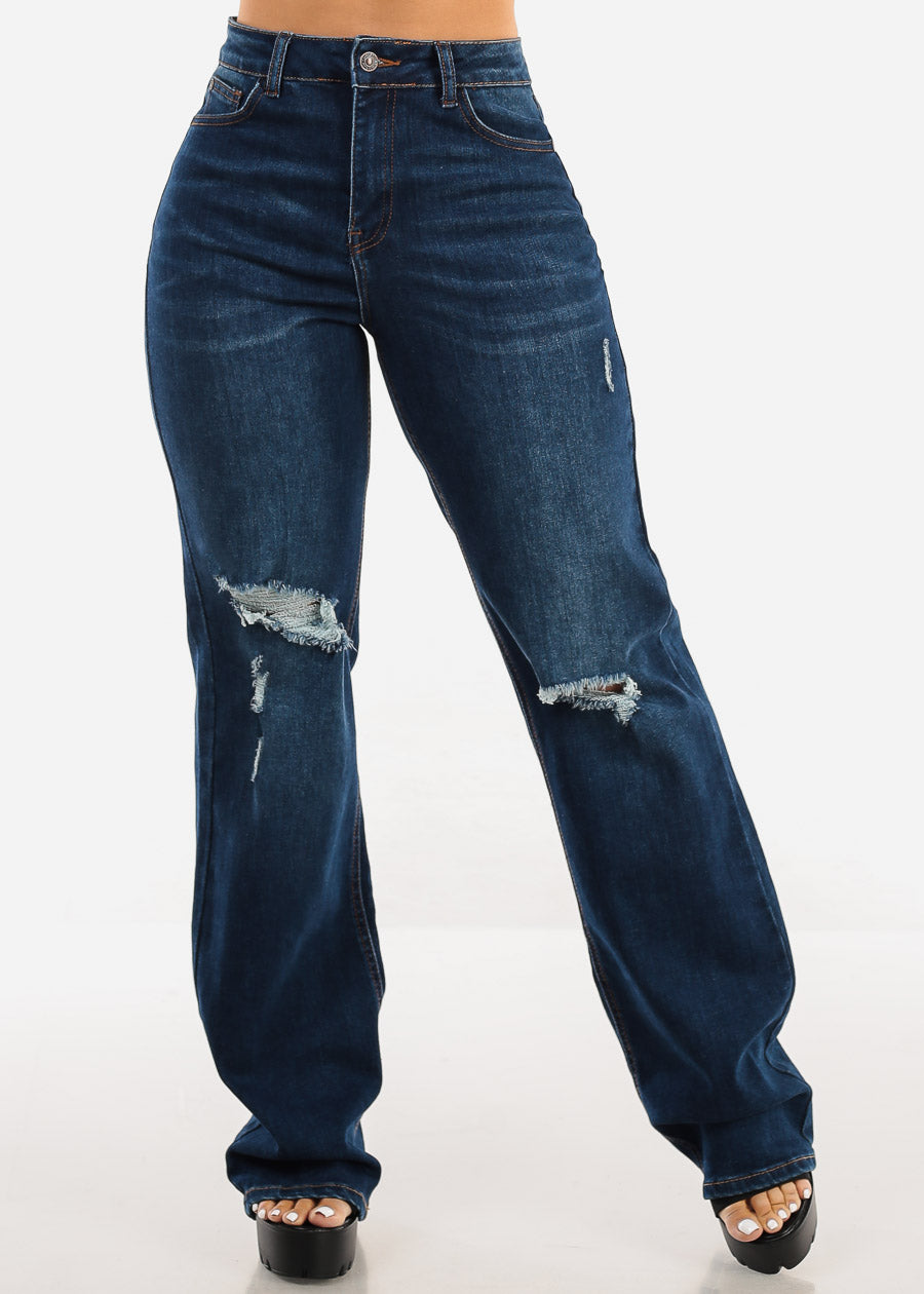 Ripped Butt Lift Wide Leg Straight Stretch Jeans Dark Blue