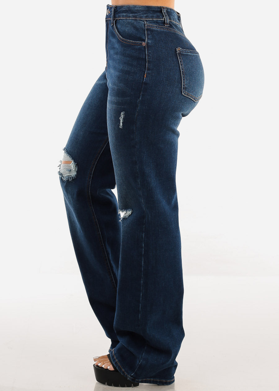 Ripped Butt Lift Wide Leg Straight Stretch Jeans Dark Blue