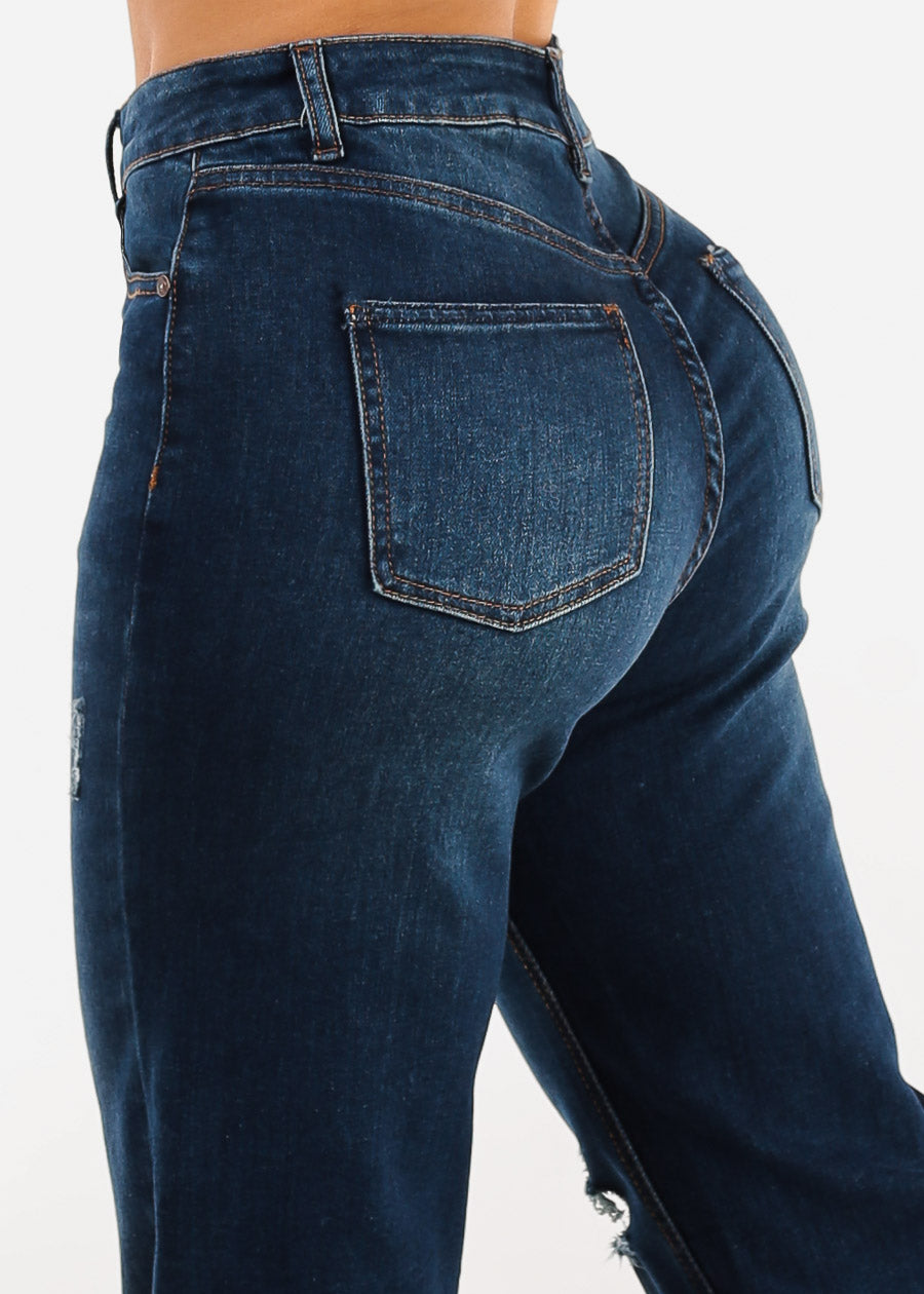 Ripped Butt Lift Wide Leg Straight Stretch Jeans Dark Blue