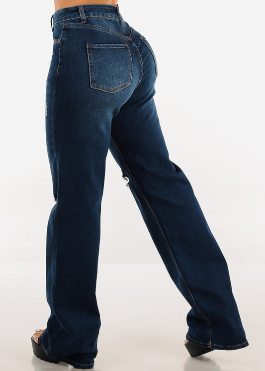 Ripped Butt Lift Wide Leg Straight Stretch Jeans Dark Blue