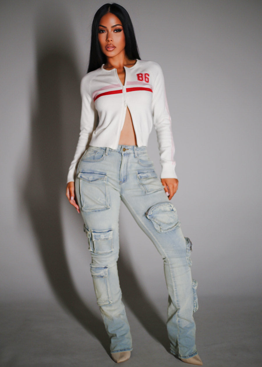 Stretchy High Waist Stacked Leg Cargo Jeans Vintage Wash