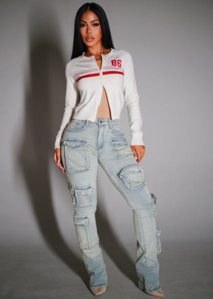 Stretchy High Waist Stacked Leg Cargo Jeans Vintage Wash