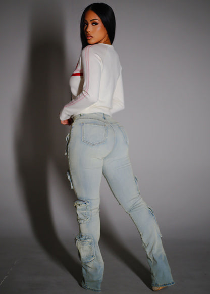 Stretchy High Waist Stacked Leg Cargo Jeans Vintage Wash