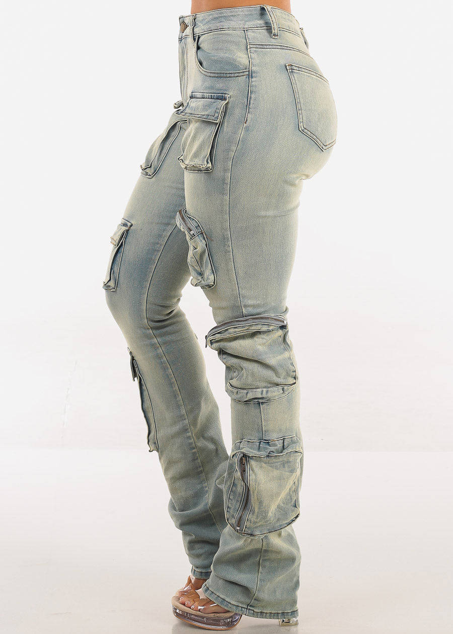 Stretchy High Waist Stacked Leg Cargo Jeans Vintage Wash