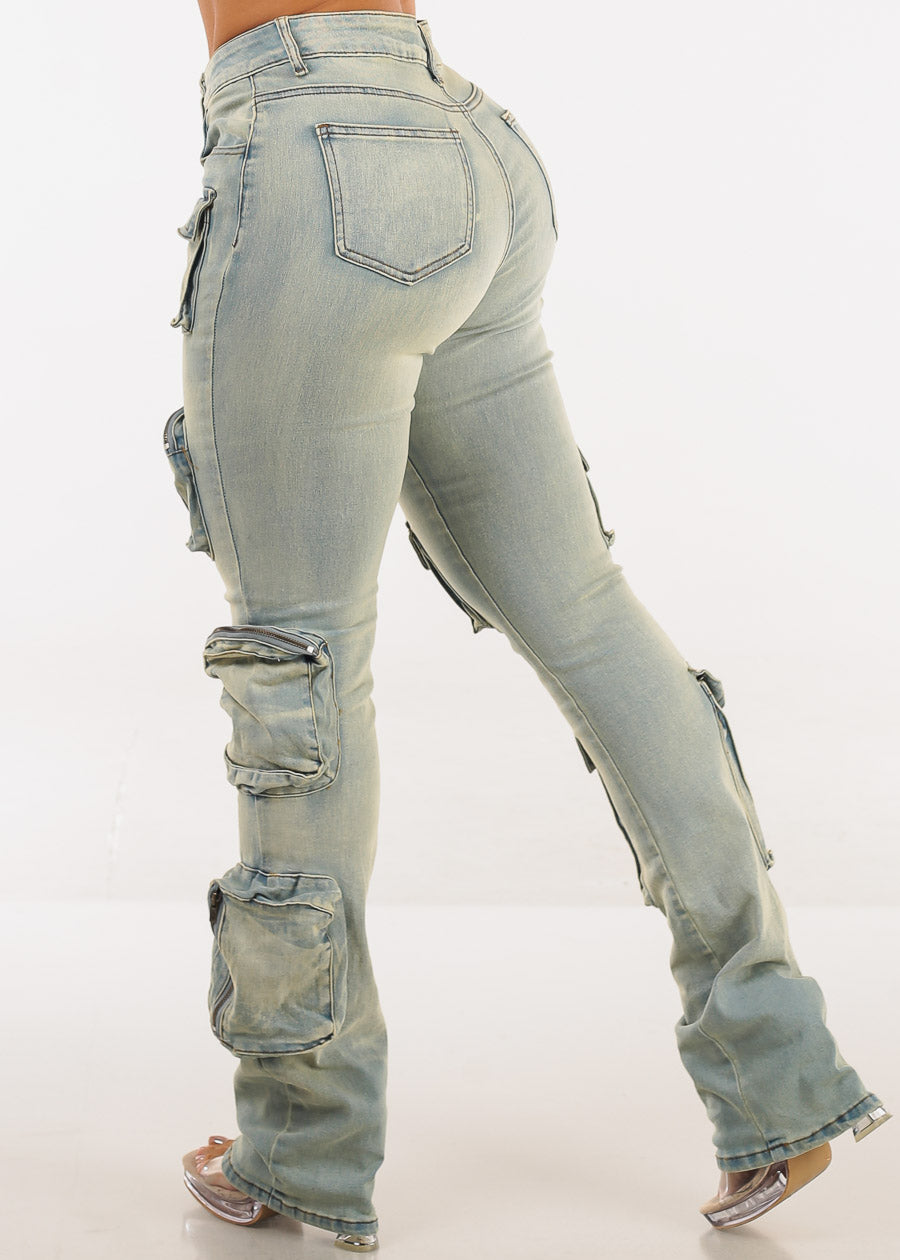 Stretchy High Waist Stacked Leg Cargo Jeans Vintage Wash