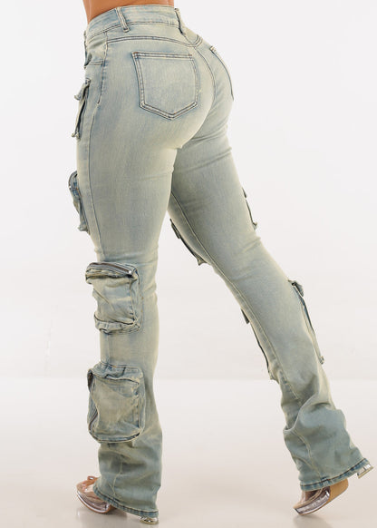 Stretchy High Waist Stacked Leg Cargo Jeans Vintage Wash