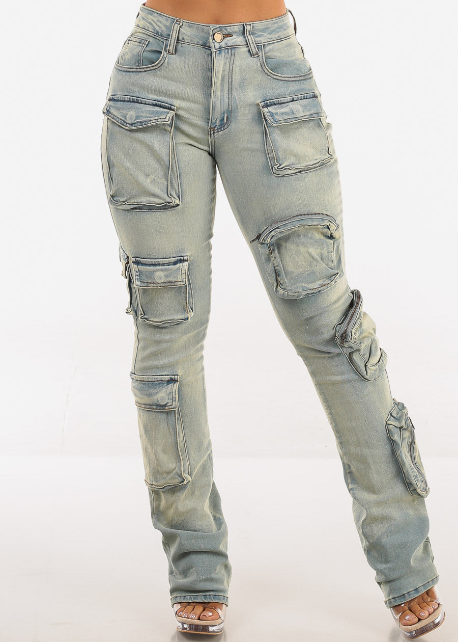 Stretchy High Waist Stacked Leg Cargo Jeans Vintage Wash