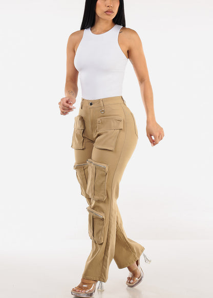 Hyper Stretch Straight Wide Leg Cargo Pants Khaki