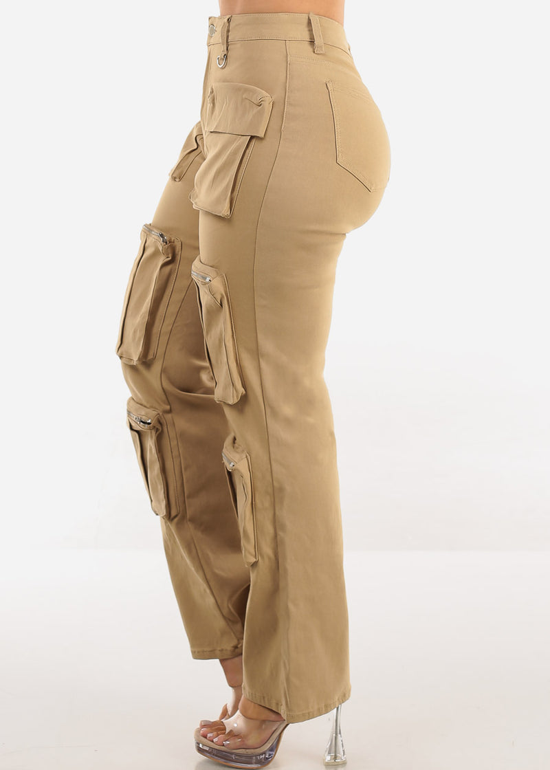 Hyper Stretch Straight Wide Leg Cargo Pants Khaki