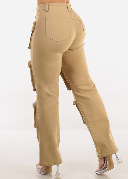 Hyper Stretch Straight Wide Leg Cargo Pants Khaki