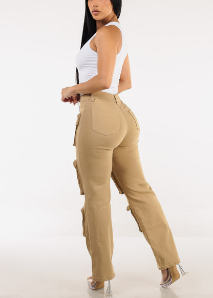 Hyper Stretch Straight Wide Leg Cargo Pants Khaki