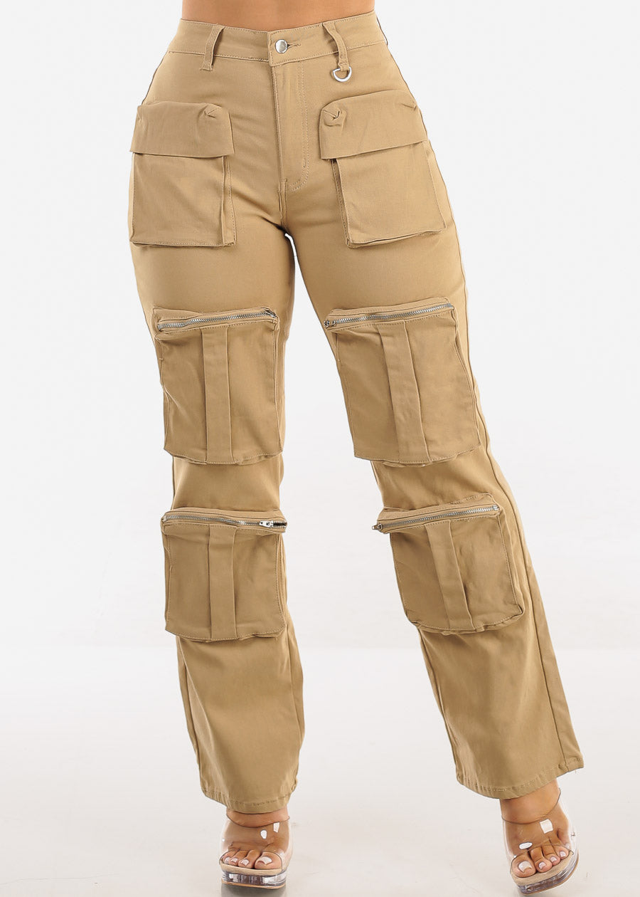 Hyper Stretch Straight Wide Leg Cargo Pants Khaki
