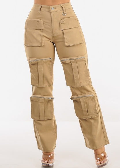 Hyper Stretch Straight Wide Leg Cargo Pants Khaki
