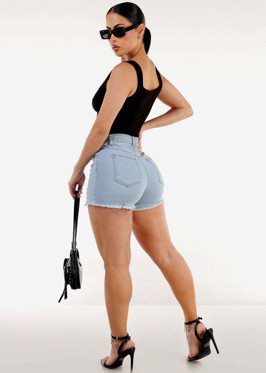 High Double Waist Distressed Light Denim Shorts