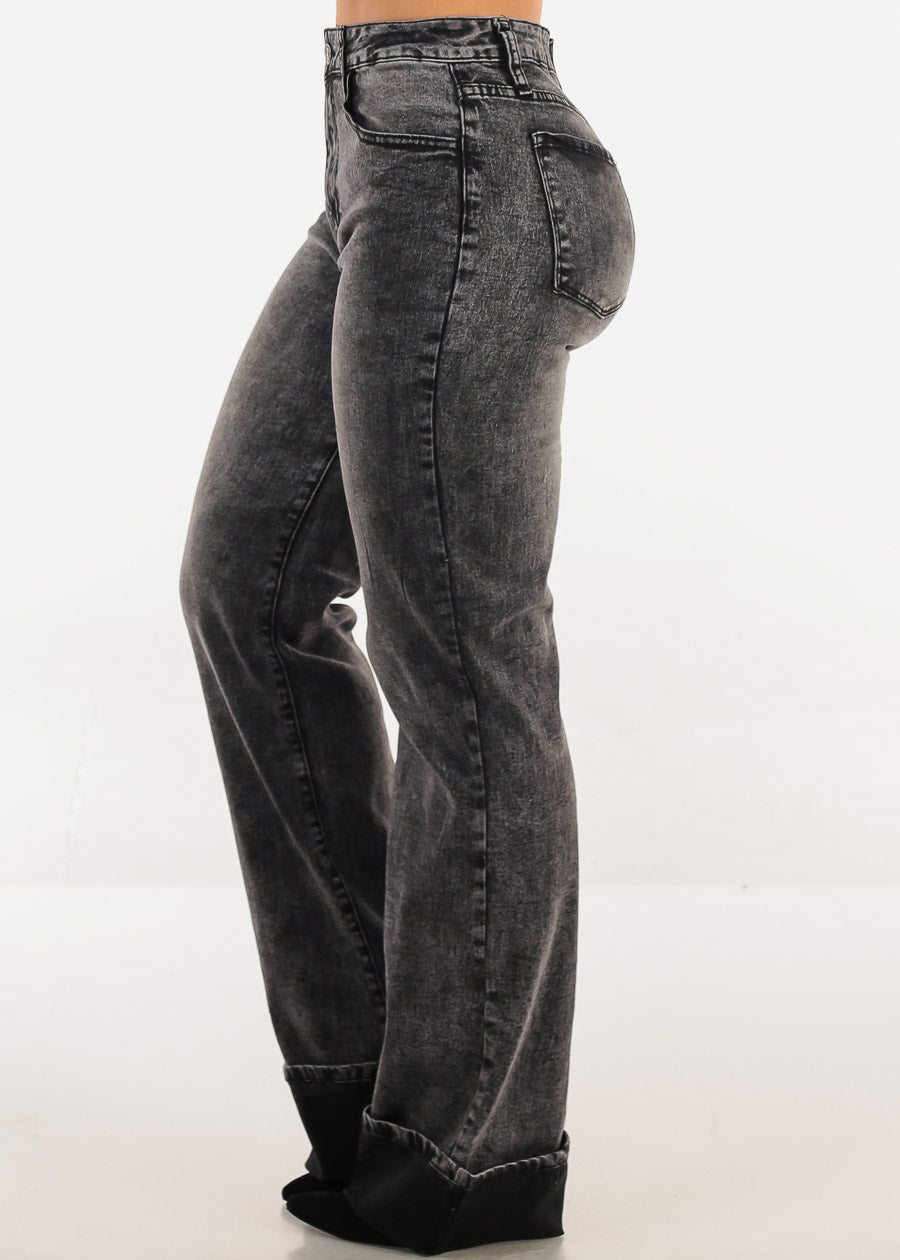 Stretchy High Waist Cuffed Wide Leg Jeans Black Acid Wash