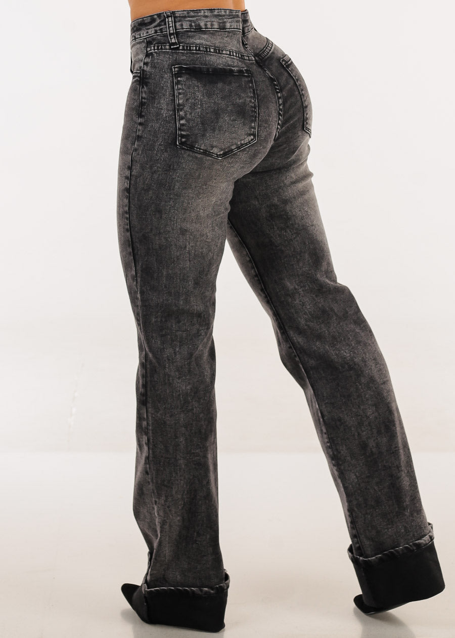 Stretchy High Waist Cuffed Wide Leg Jeans Black Acid Wash