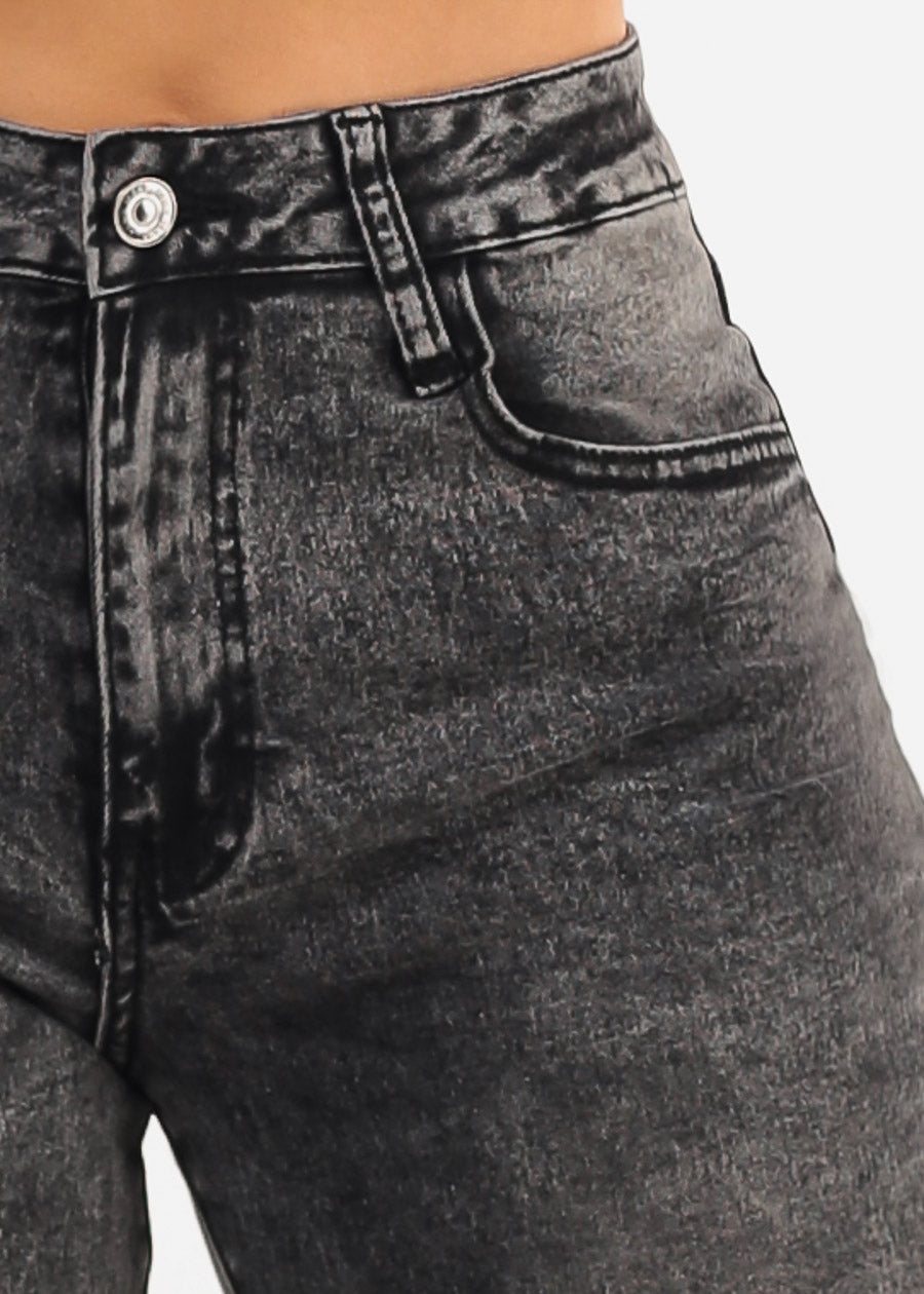 Stretchy High Waist Cuffed Wide Leg Jeans Black Acid Wash