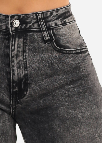 Stretchy High Waist Cuffed Wide Leg Jeans Black Acid Wash