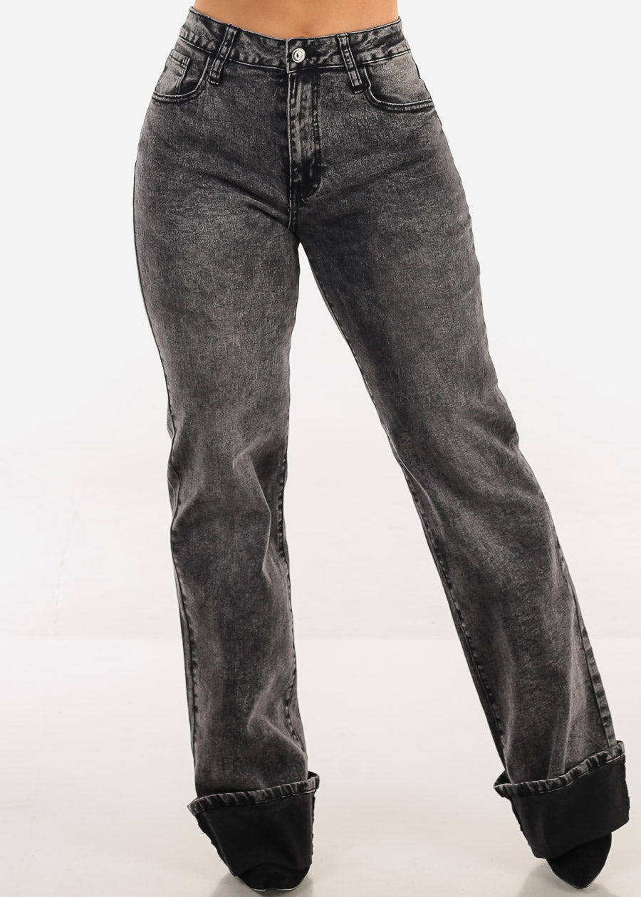 Stretchy High Waist Cuffed Wide Leg Jeans Black Acid Wash