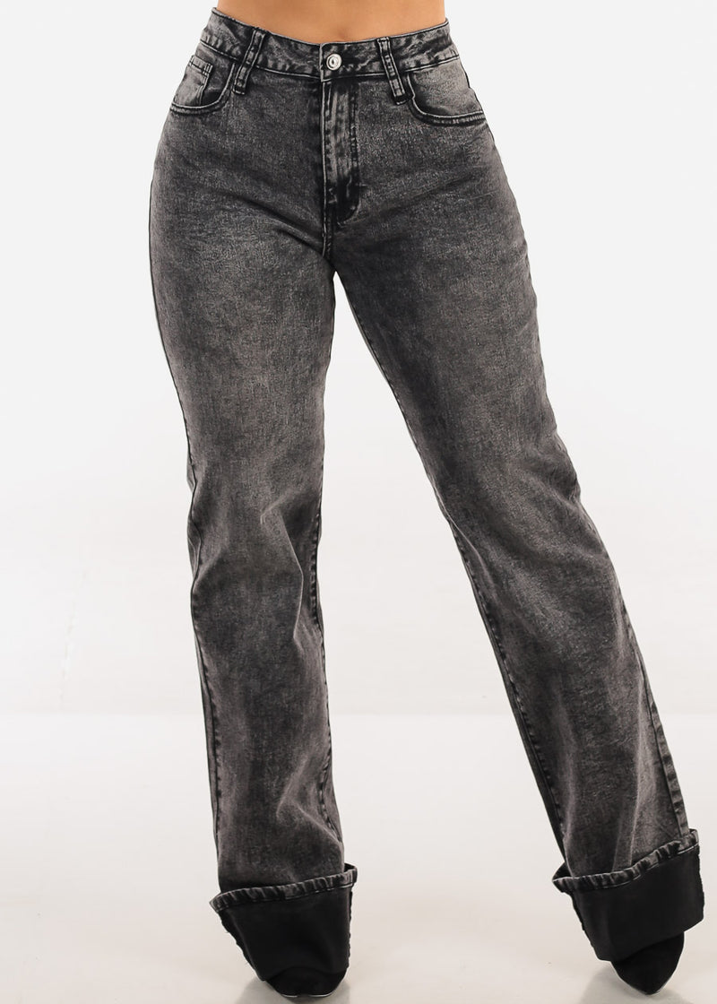 Stretchy High Waist Cuffed Wide Leg Jeans Black Acid Wash