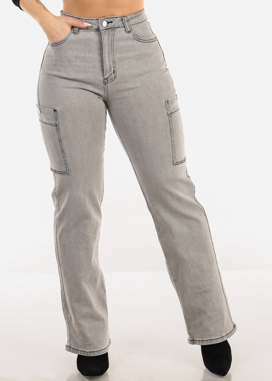 Butt Lift Straight Wide Leg Cargo Jeans Grey