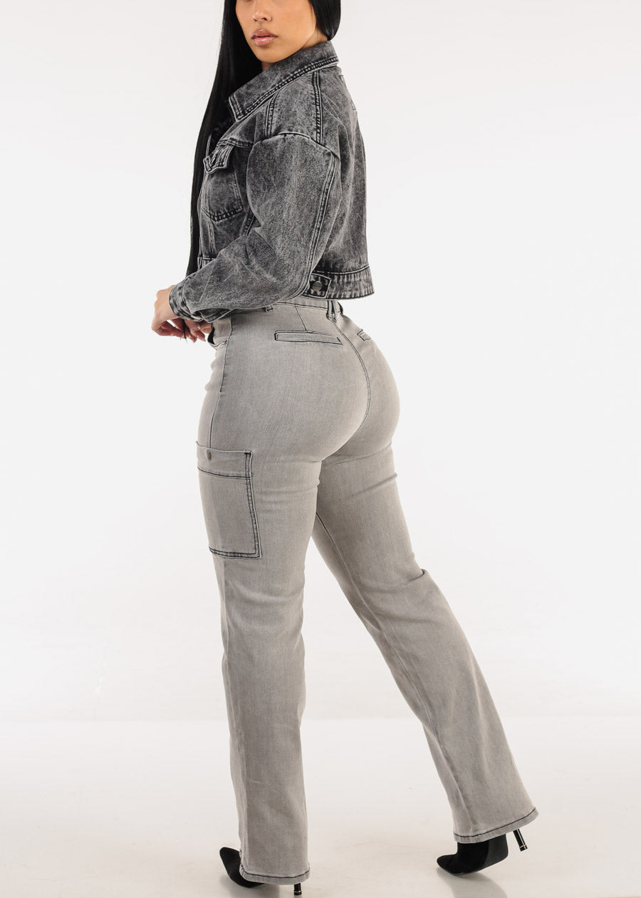 Butt Lift Straight Wide Leg Cargo Jeans Grey