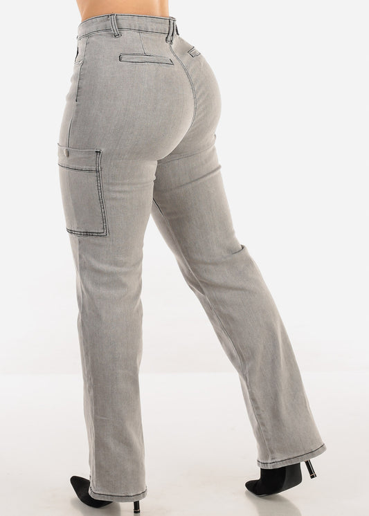 Butt Lift Straight Wide Leg Cargo Jeans Grey