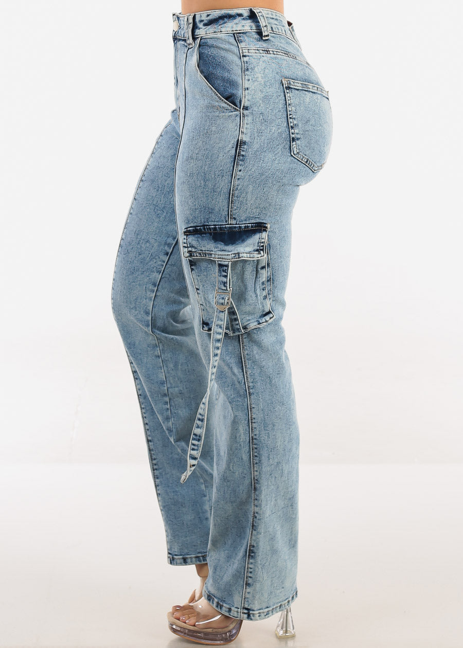 Super High Waisted Stretch Wide Leg Cargo Jeans Acid Wash