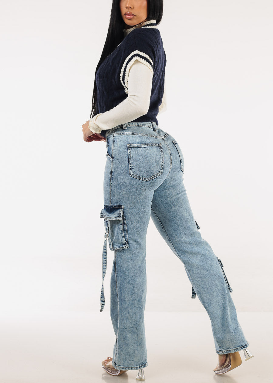 Super High Waisted Stretch Wide Leg Cargo Jeans Acid Wash