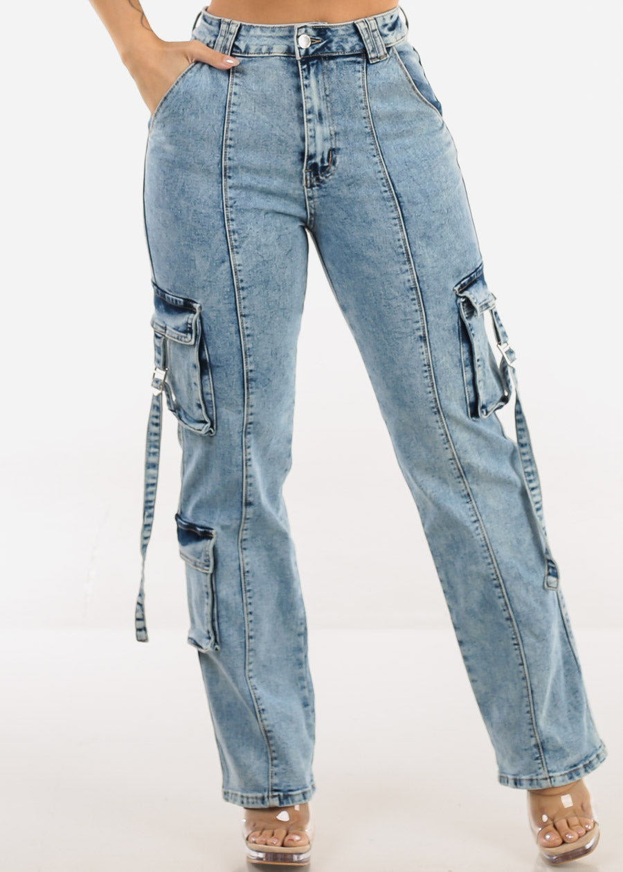Super High Waisted Stretch Wide Leg Cargo Jeans Acid Wash
