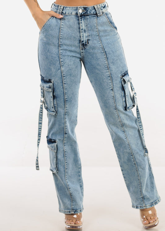 Super High Waisted Stretch Wide Leg Cargo Jeans Acid Wash
