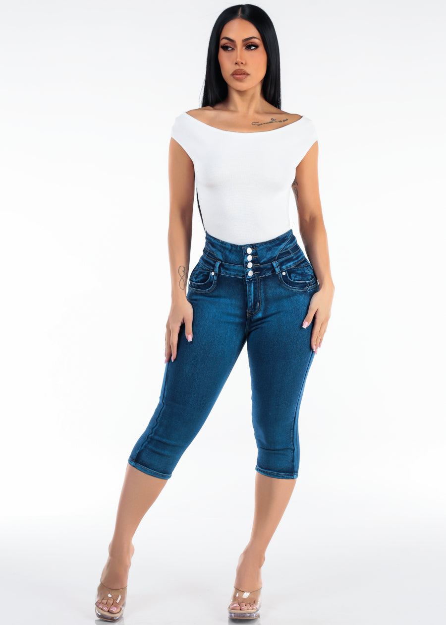 MX JEANS Super High Waist Butt Lift Stretch Denim Capris w Back Pocket Design