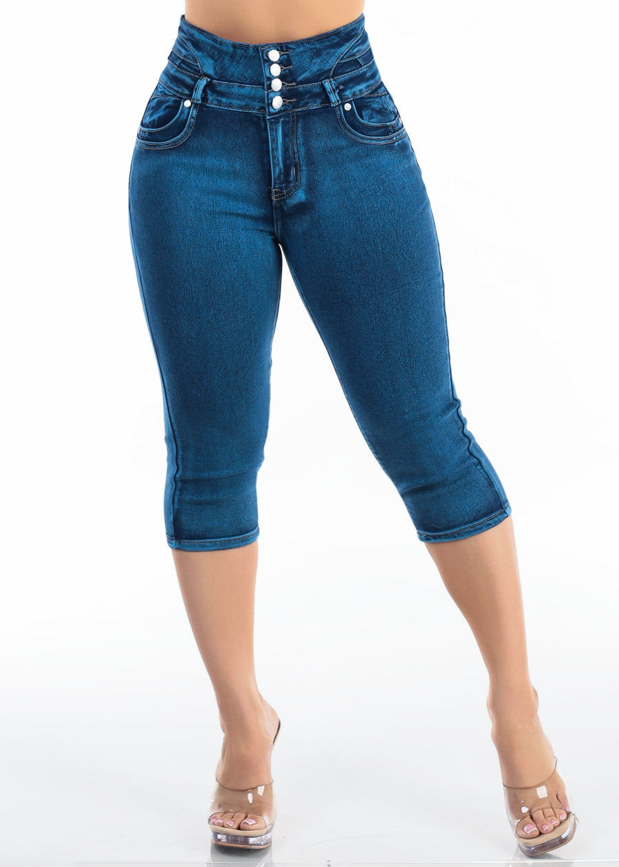 MX JEANS Super High Waist Butt Lift Stretch Denim Capris w Back Pocket Design